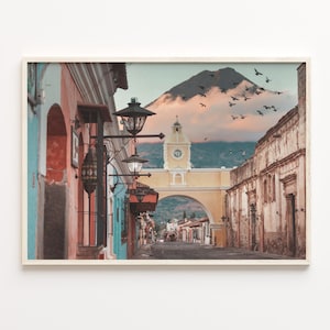 Impressão de pôster colorido de Antigua Guatemala horizontal, arte de parede fotográfica de Antigua Guatemala, decoração de parede, impressão de viagem, mapa da cidade, C18-188