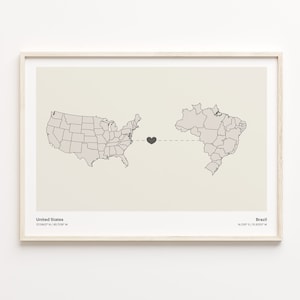 USA - Brasilien Druck, Geschenk Brasilien, minimalistische Landkarte, USA Wandkunst, grenzenlose Liebe, C21-25