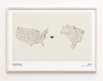 United States to Brazil Print, Brazilian Gift, Minimalistic Country Connection Map Poster, USA Wall Art, Borderless Love, C21-25