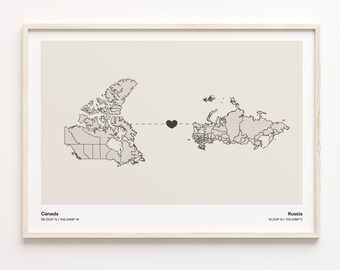 Canada to Russia Print, Romanian Gift, Minimalistic Country Connection Map Poster, Travel Wall Art, Friendship, C21-748