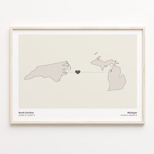 North Carolina to Michigan Print, Michigander Gift, Minimalistic State Connection Map Poster, Travel Wall Art, Travel, C21-1633