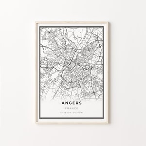 Angers Print, Stadt Karte Kunst Poster, Frankreich, Wand Kunst Dekor, Moderner Schwarz Weiß Stil, Skandinavische Karte, C13-871