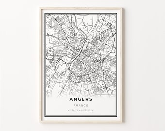 Angers Print, City Map Art Poster, France, Wall Art Decor, Modern Black and White Style, Scandinavian Map, C13-871