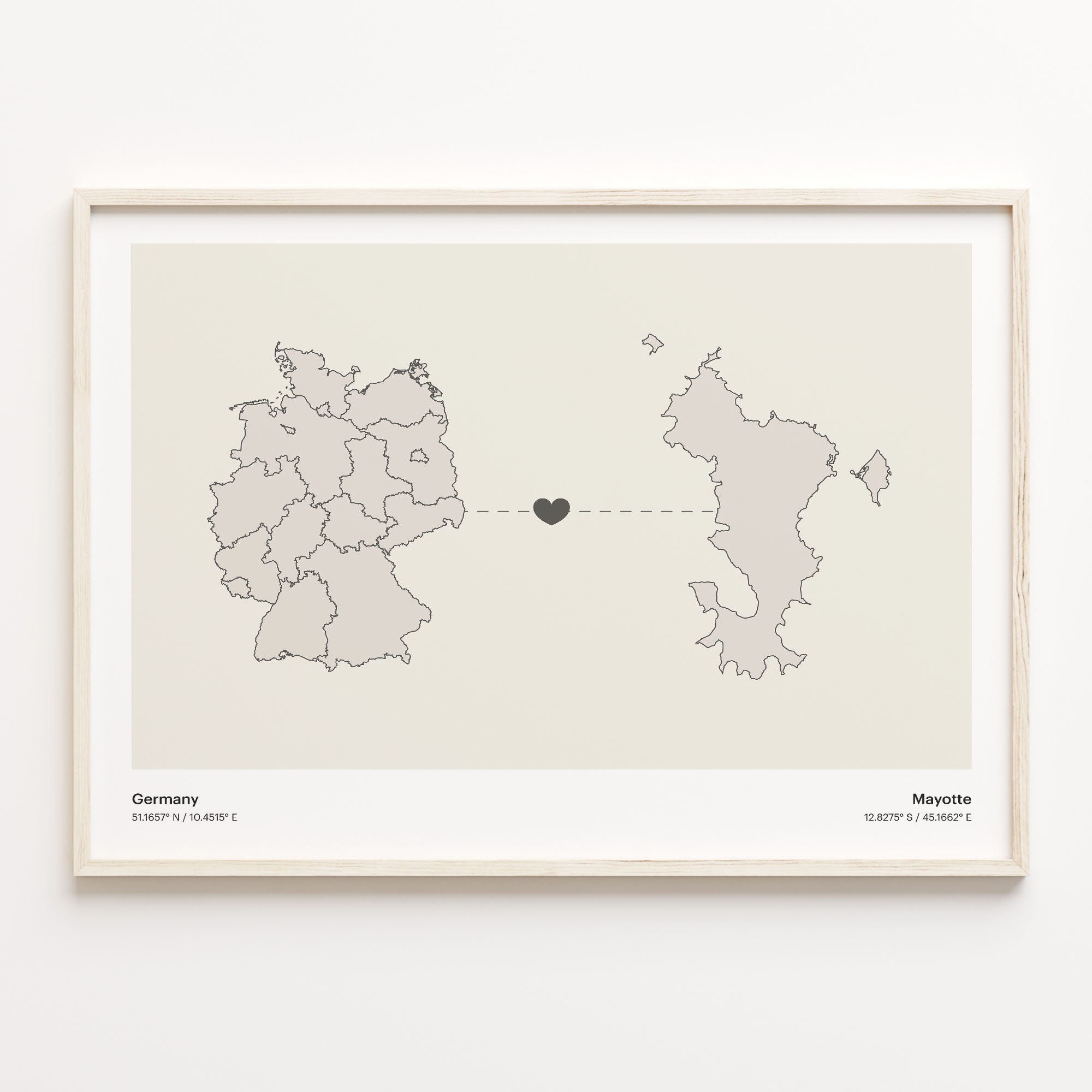Germany to Mayotte Print, Mauritian Gift, Minimalistic Country Connection Map Poster, Travel Wall Art, Expatriate Map, C21-516