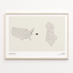 USA nach Albanien Print, Albanien Geschenk, Minimalistische Landkarte Poster, USA Wandkunst, Umzug ins Ausland Geschenk, C21-2