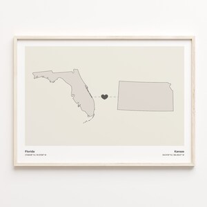 Florida naar Kansas Print, Kansan Gift, Minimalistische State Connection Map Poster, Travel Wall Art, Landen Hart, C21-1315