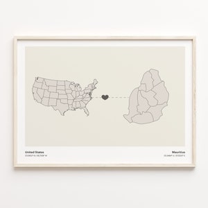 United States to Mauritius Print, Mauritian Gift, Minimalistic Country Connection Map Poster, USA Wall Art, Expatriate, C21-118