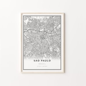 Sao Paulo Print, Stadt Karte Kunst Poster, Paulo Brasilien, Wand Kunst Dekor, Moderner Schwarzweiß Stil, Poster zu verkaufen, C13-861