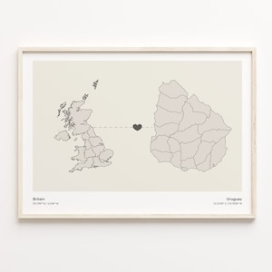 Großbritanien Uruguay Druck, Uruguay Geschenk, Minimalistische Landkarte Poster, Großbritannien Kunst, Kontinentale Liebeskarte, C21-390