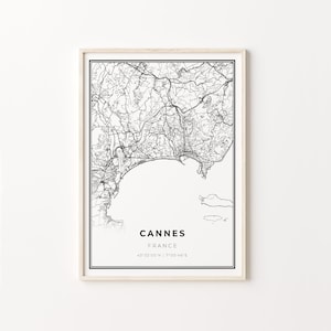 Impresión de Cannes, cartel de arte del mapa de la ciudad, Francia, decoración de arte de la pared, estilo moderno en blanco y negro, decoración de la sala de estar, C13-700