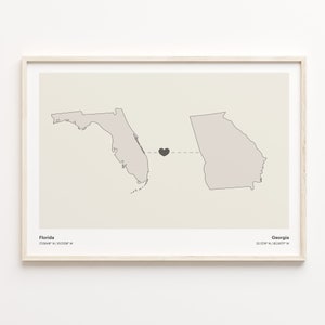 Florida naar Georgia Print, Georgische Gift, Minimalistische State Connection Map Poster, Travel Wall Art, Global Love, C21-1309