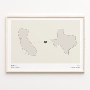 Impresión de California a Texas, regalo texano, cartel minimalista del mapa de conexión estatal, arte de la pared de viaje, mapa de viaje, C21-1239