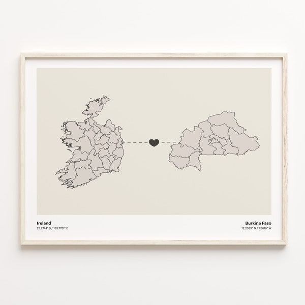 Irland Burkina Faso Print, Burkinabé Geschenk, Minimalistische Landkarte Poster, Reisewandkunst, Faraway Love Karte, C21-1023