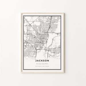 Jackson Print, City Map Art Poster, Mississippi MS USA, Wall Art Decor, Modern Black and White Style, City Map Art, C13-333
