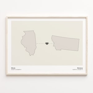Illinois to Montana Print, Montanan Gift, Minimalistic State Connection Map Poster, Travel Wall Art, Dual Citizenship Map, C21-1481