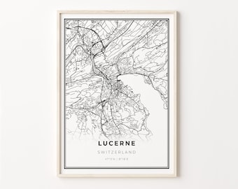Lucerne Map Print: Switzerland Cityscape, Modern Black and White Wall Art