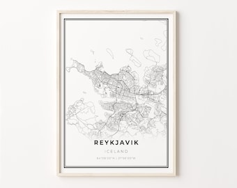 Reykjavik Iceland Map Print: Modern Black and White Wall Art