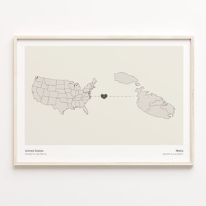 United States to Malta Print, Maltese Gift, Minimalistic Country Connection Map Poster, USA Wall Art, Home Abroad, C21-115