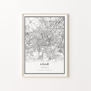 Impresión de Lille, cartel de arte del mapa de la ciudad, Francia, decoración de arte de pared, estilo moderno en blanco y negro, impresiones de comedor, C13-424