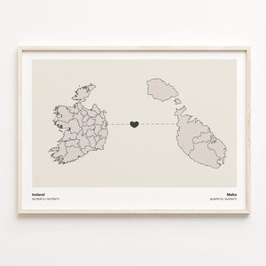 Ireland to Malta Print, Malian Gift, Minimalistic Country Connection Map Poster, Travel Wall Art, Expatriate Gift, C21-1109