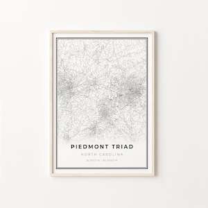 Piedmont Triad Print, Stadt Karte Kunst Poster, North Carolina NC USA, Wand Kunst Dekor, Modern Black and White Style, C13-140