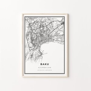 Impressão de Baku, pôster de arte de mapa da cidade, Azerbaijão, decoração de arte de parede, estilo moderno preto e branco, decoração de sala de estar, C13-933