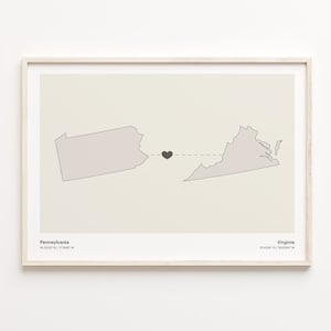 Pennsylvania to Virginian Print, Virginian Geschenk, Minimalistische Verbindungskarte Poster, Reise-Wandkunst, Expat-Karte, C21-1449