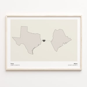 Impression du Texas au Maine, cadeau Mainer, affiche de carte minimaliste de connexion d'état, art mural de voyage, cadeau de bénévole, C21-1268