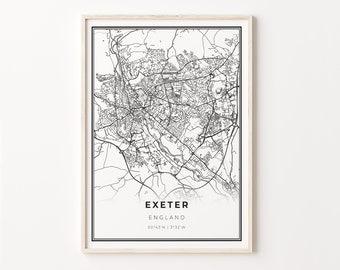 Exeter Print, City Map Art Poster, England UK United Kingdom, Wall Art Decor, Modern Black and White Style, Gift Husband, C13-537