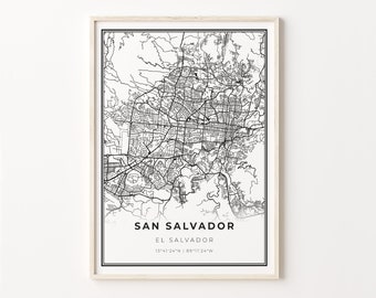 San Salvador Map Print: El Salvador City Art, Modern Black and White Decor