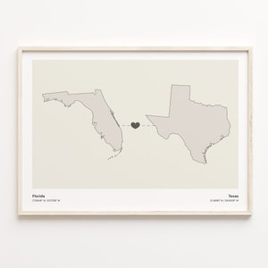 Florida naar Texas Print, Texaanse Gift, Minimalistische State Connection Map Poster, Travel Wall Art, Vriendschap Cadeau, C21-1343