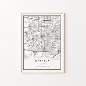 Wheaton Print, City Map Art Poster, Illinois IL USA, Wall Art Decor, Estilo moderno en blanco y negro, Office Gallery Wall, C13-117
