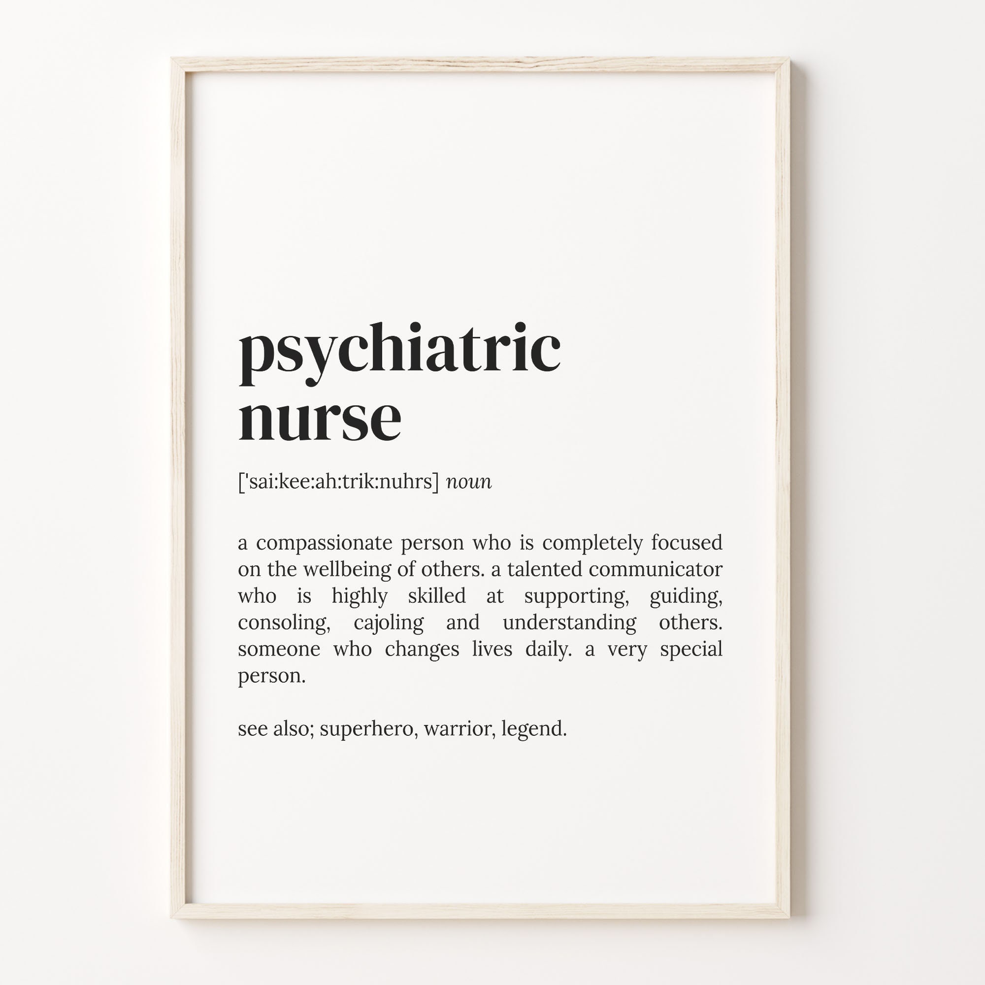 Psychiatric Nurse Definition Print, Dictionary Poster, Quote Wall Art