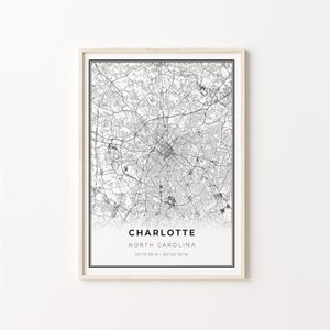 Charlotte Area Print, Stadt Karte Kunst Poster, North Carolina NC USA, Wall Art Decor, Modern Black and White Style, C13-371