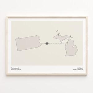 Pennsylvania to Michigan Print, Michigander Gift, Minimalistic State Connection Map Poster, Travel Wall Art, Far Apart Map, C21-1425