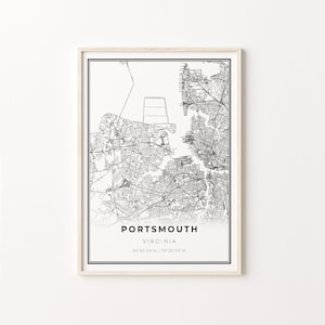 Impression de Portsmouth, affiche d'art de carte de ville, Virginie VA Etats-Unis, décor d'art de mur, modèle noir et blanc moderne, affiche de ville natale, C13-35
