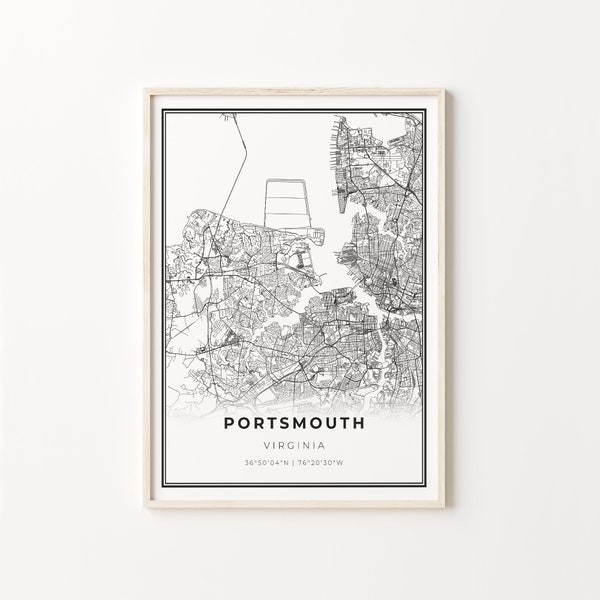Portsmouth Print, City Map Art Poster, Virginia VA USA, Wall Art Decor, Modern Black and White Style, Hometown Poster, C13-35