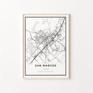 San Marcos Print, plakat artystyczny z mapą miasta, Texas USA, dekoracja ścienna, nowoczesny styl czarno-biały, nowoczesny plakat, C13-289