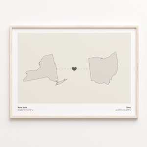 New York to Ohio Druck, Ohioan Geschenk, Minimalistische Verbindung Karte Poster, Reise Wandkunst, Abenteuer erwartet Karte, C21-1386