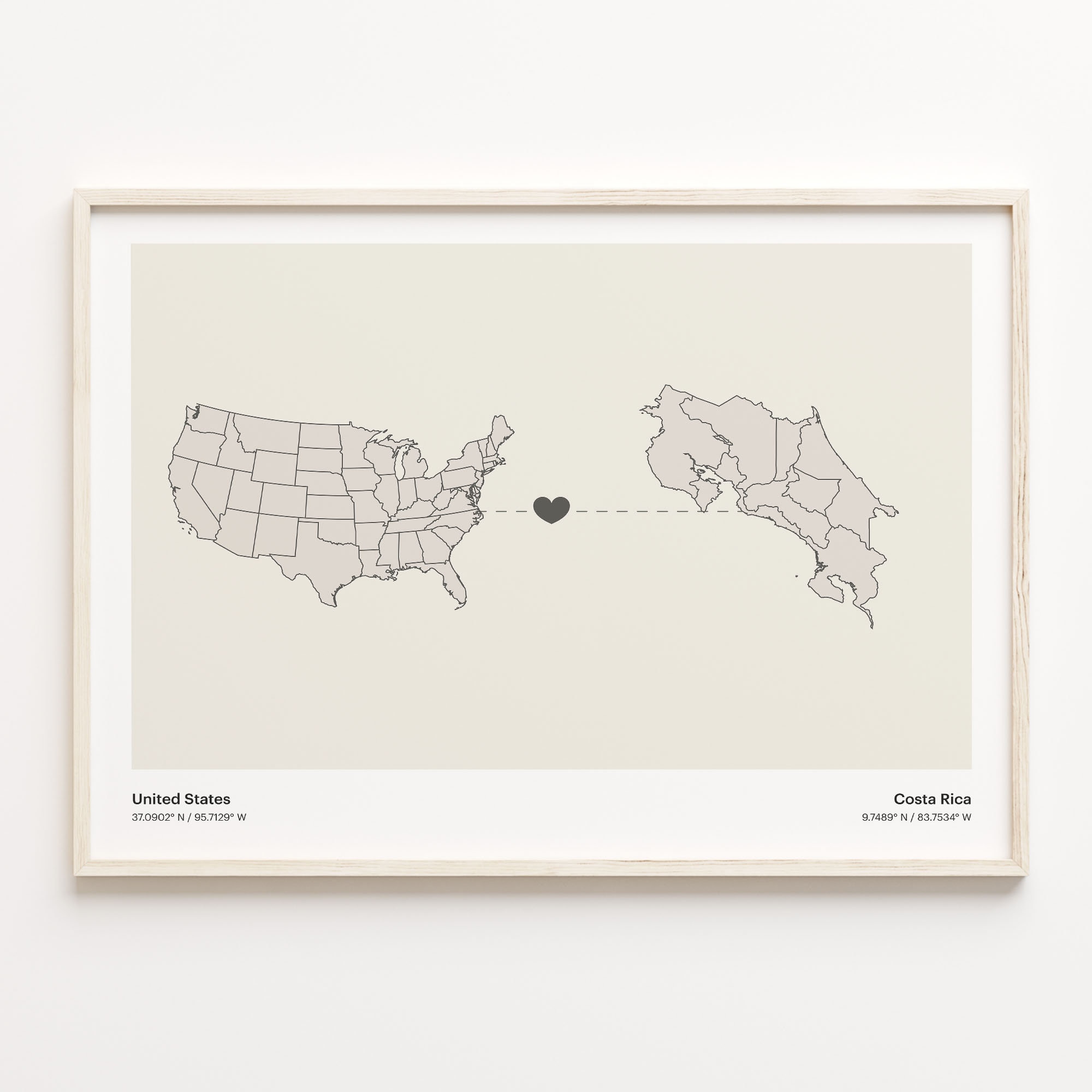 United States to Costa Rica Print, Costa Rican Gift, Minimalistic Country Connection Map Poster, USA Wall Art, Farewell Map, C21-42