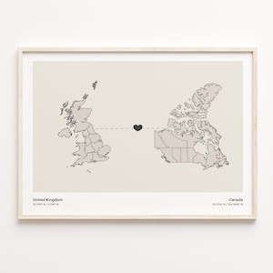 United Kingdom to Canada Print, Canadian Gift, Minimalistic Connection Map Poster, Travel Wall Art, Farewell Gift, C21-1724