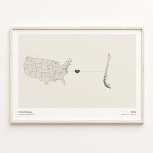 Impressão dos Estados Unidos ao Chile, presente chileno, mapa minimalista de conexão do país, arte de parede dos EUA, distante, C21-37