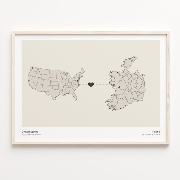 United States to Ireland Print, Irish Gift, Minimalistic Country Connection Map Poster, USA Wall Art, Cultural Roots Gift, C21-86