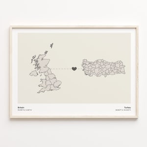 Britain to Turkey Print, Turkish Gift, Minimalistic Country Connection Map Poster, United Kingdom Art, Cultural Roots Map, C21-384