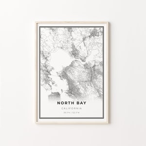 North Bay Print, City Map Art Poster, Bay Area California CA USA, Wall Art Decor, Modern Black and White Style, C13-103