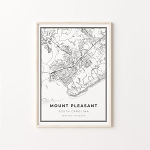 Mount Pleasant Print, City Map Art Poster, South Carolina SC USA, Wall Art Decor, Modern Black and White Style, C13-183