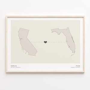 Californië naar Florida print, Florida gift, minimalistische State Connection kaart poster, kunst aan de muur reizen, thuis in het buitenland, C21-1204