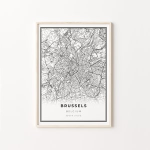 Impression de Bruxelles, affiche d'art de carte de ville, Belgique, décor d'art de mur, modèle noir et blanc moderne, art de cadeau, C13-730