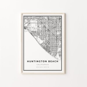Impresión de Huntington Beach, cartel de arte del mapa de la ciudad, California CA USA, decoración de arte de pared, estilo moderno en blanco y negro, cartel escandinavo, C13-293