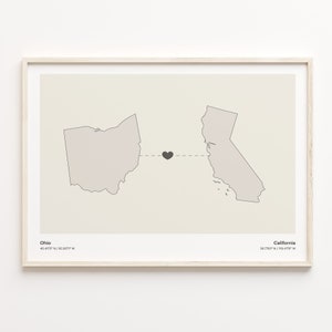 Ohio to California Print, Minimalistische US Bundesstaat Verbindungskarte, Reise Wandkunst, grenzenloses Liebesgeschenk, C21-1511